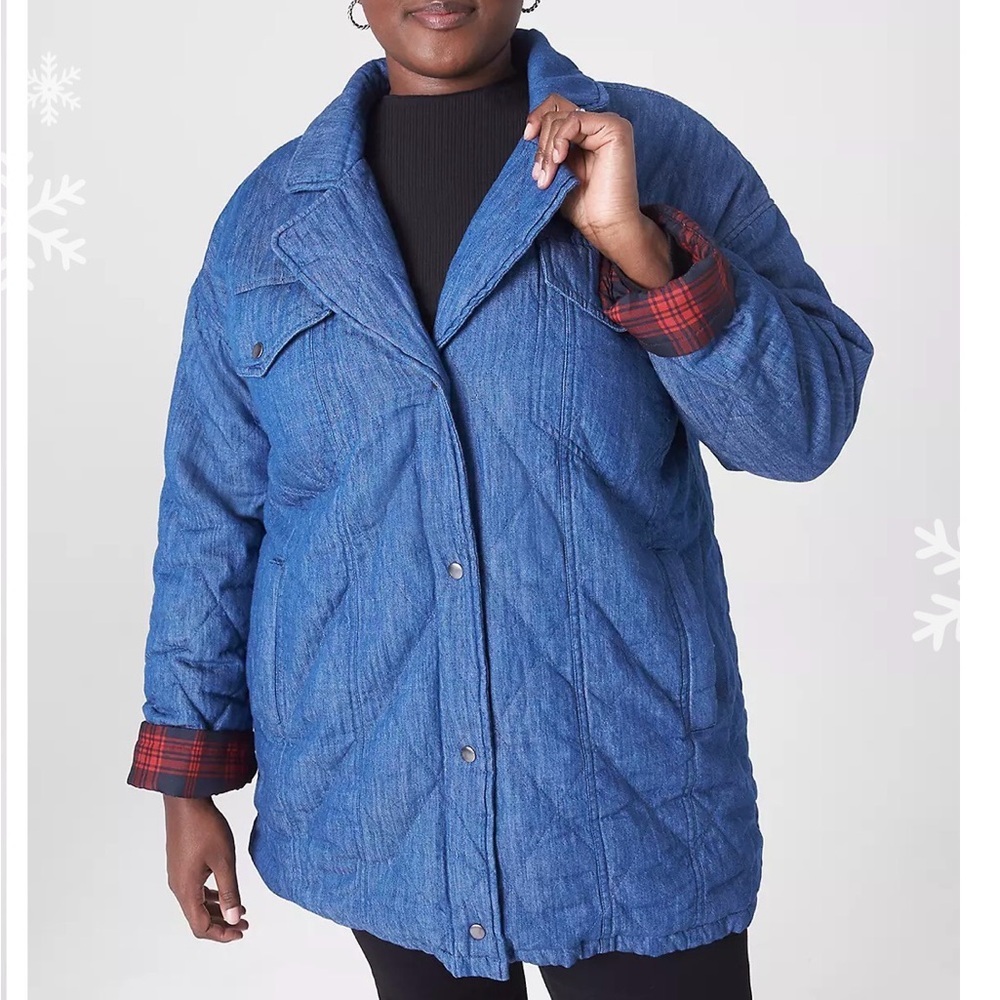 Lane Bryant Quilted Denim Barn Chore Coat Jacket Plaid Lining Size 16 Insulated